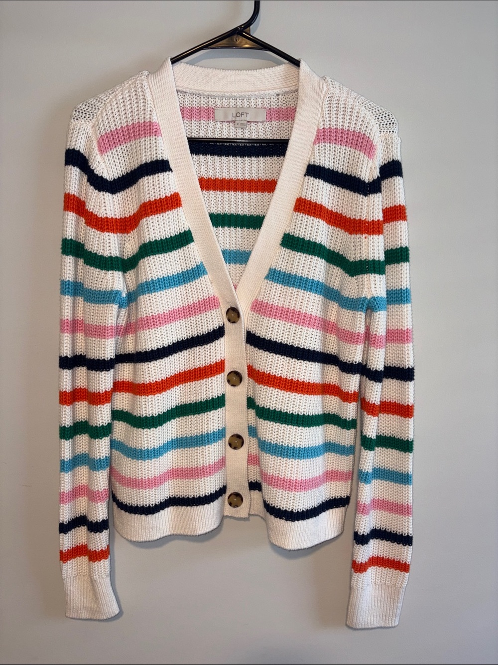 LOFT White Multicolor Striped Button-Front Cardigan